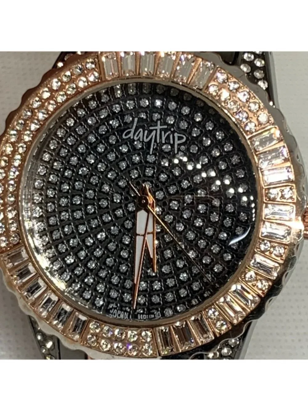 DayTrip iced dial gold black tone women watch large case 46mm size 6.5” running